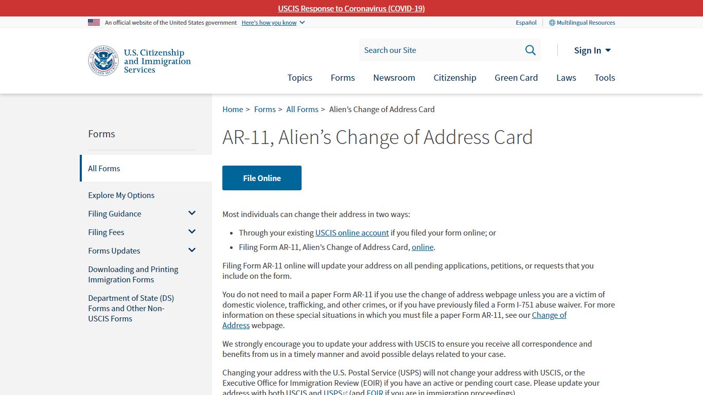 Alien’s Change of Address Card | USCIS